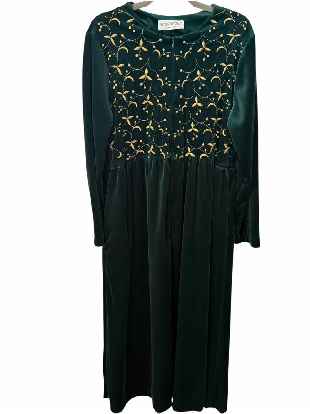 Brownstone Studio Green Velvet Gold Embroidered Maxi Dress Pockets XL